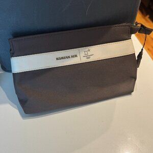 Korean Air Brown Travel Pouch – Small Amenity Bag with Cream Stripe